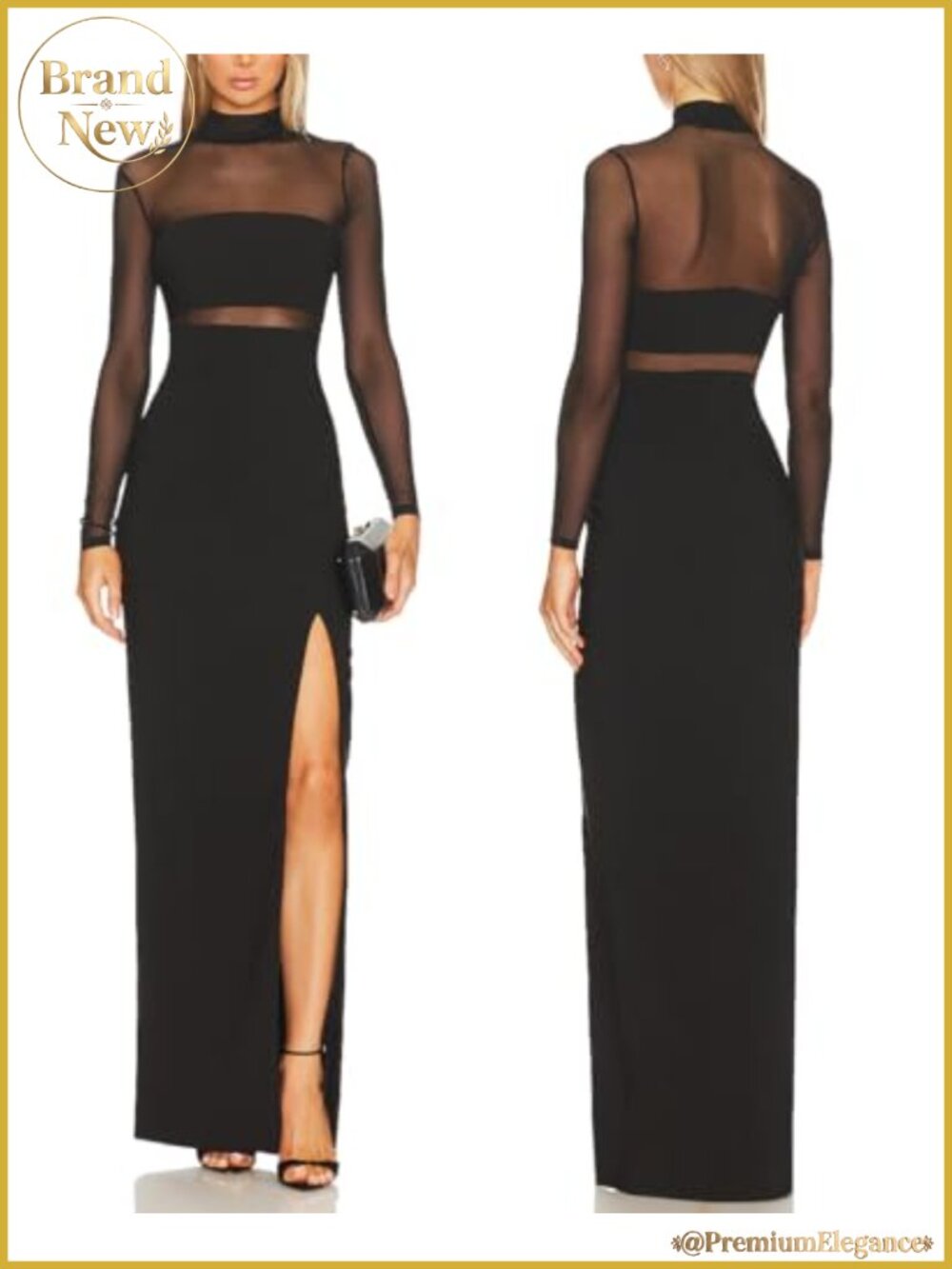 Lace Mesh Turtleneck Bodycon Maxi Dress Side Slit Formal